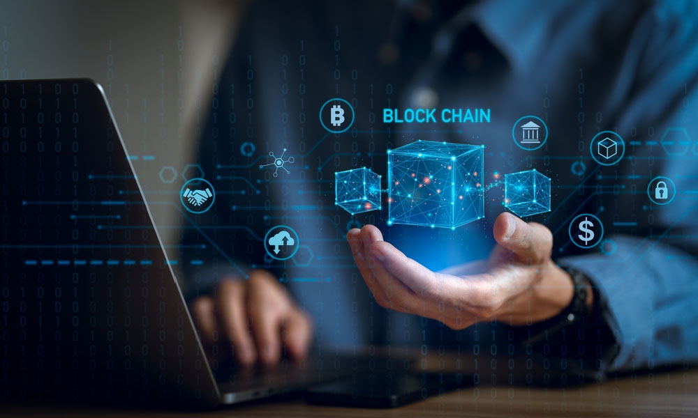 Business innovation strategy meeting with blockchain technology visualization